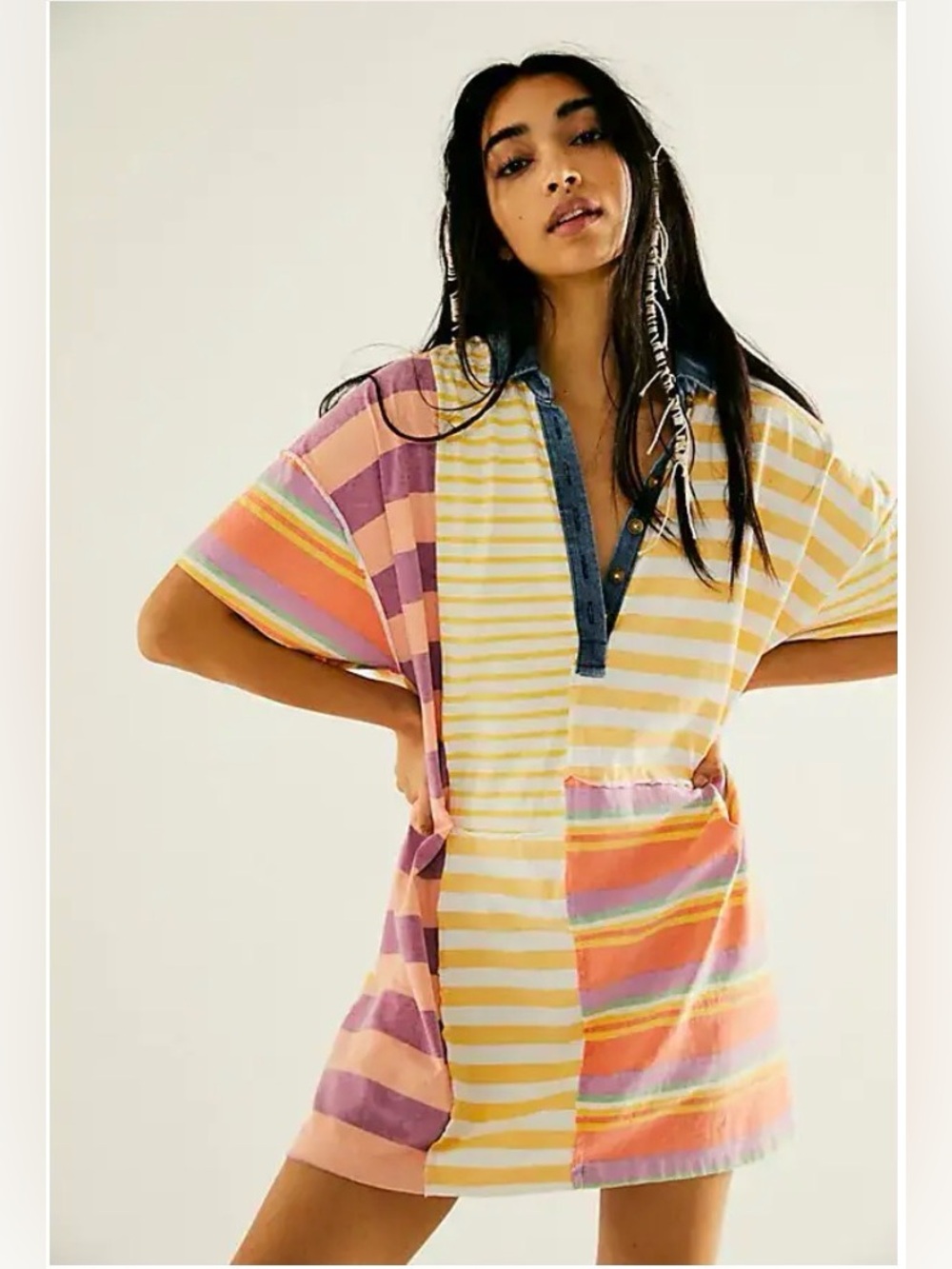 Free People Charlie Tee Striped Printed Oversized Mini Polo Collared Sz M $128